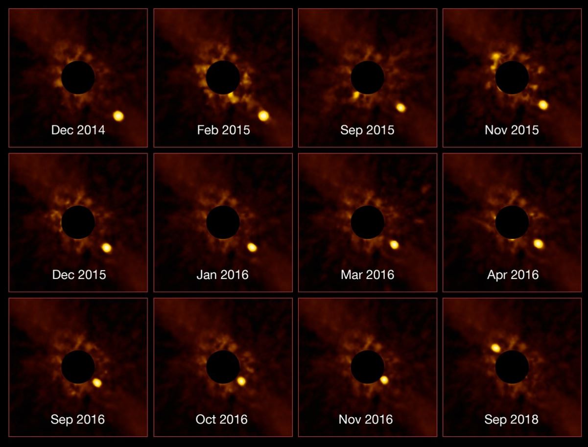 ESOâ€™s Very Large Telescope (VLT) has captured an unprecedented series of images showing the passage of the exoplanet Beta Pictoris b around its parent star. - Image Credit: ESO/Lagrange/SPHERE consortium