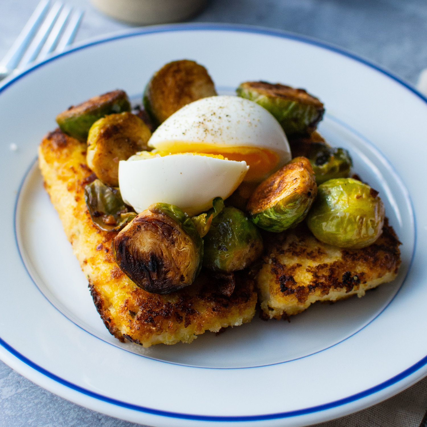 Pan Fried Maple Goat Cheese Polenta with Chipotle Brussels Sprouts
