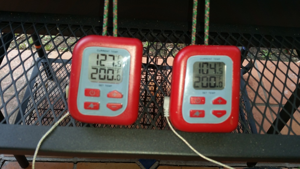 Ham temperature on the left, with shoulder temperature on the right.  The gauges on the lid indicated very little difference, but the probes told a different story.