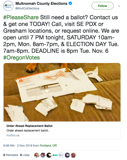 Promotional tweet from Multnomah County Elections for the November 2018 elections.