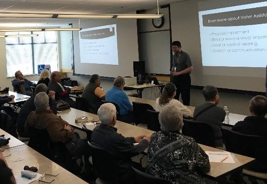 Poll workers learning about accessibility in an APPLE class. Photo courtesy of Contra Costa Elections.