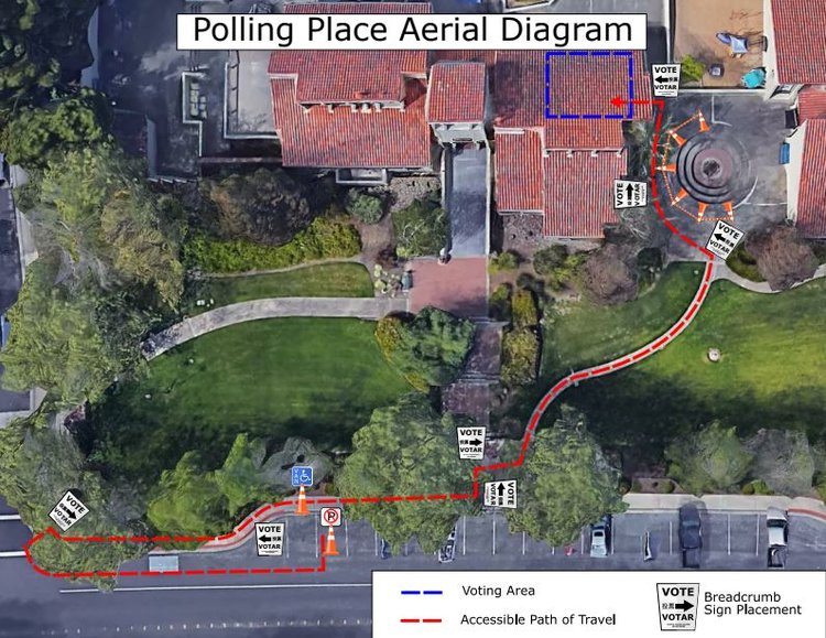 Aerial map of a polling place, annotated with accessibility modifications. Photo courtesy of Contra Costa Elections.