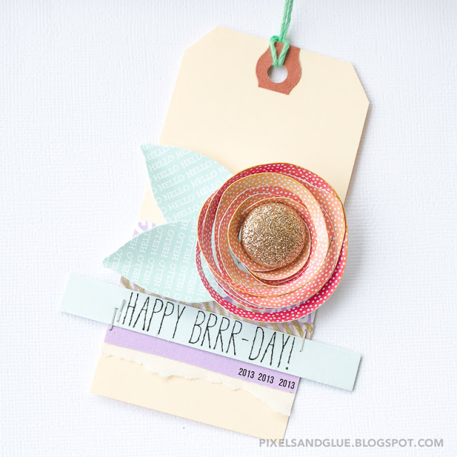Birthday gift tag featuring a handmade double spiral flower by @pixnglue