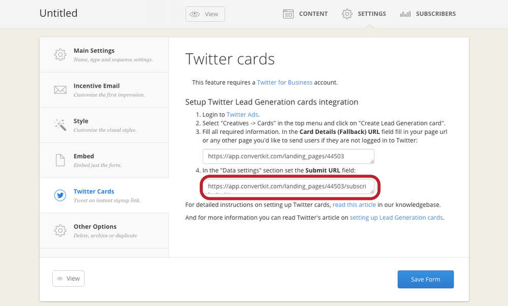 convertkit integration with twitter cards