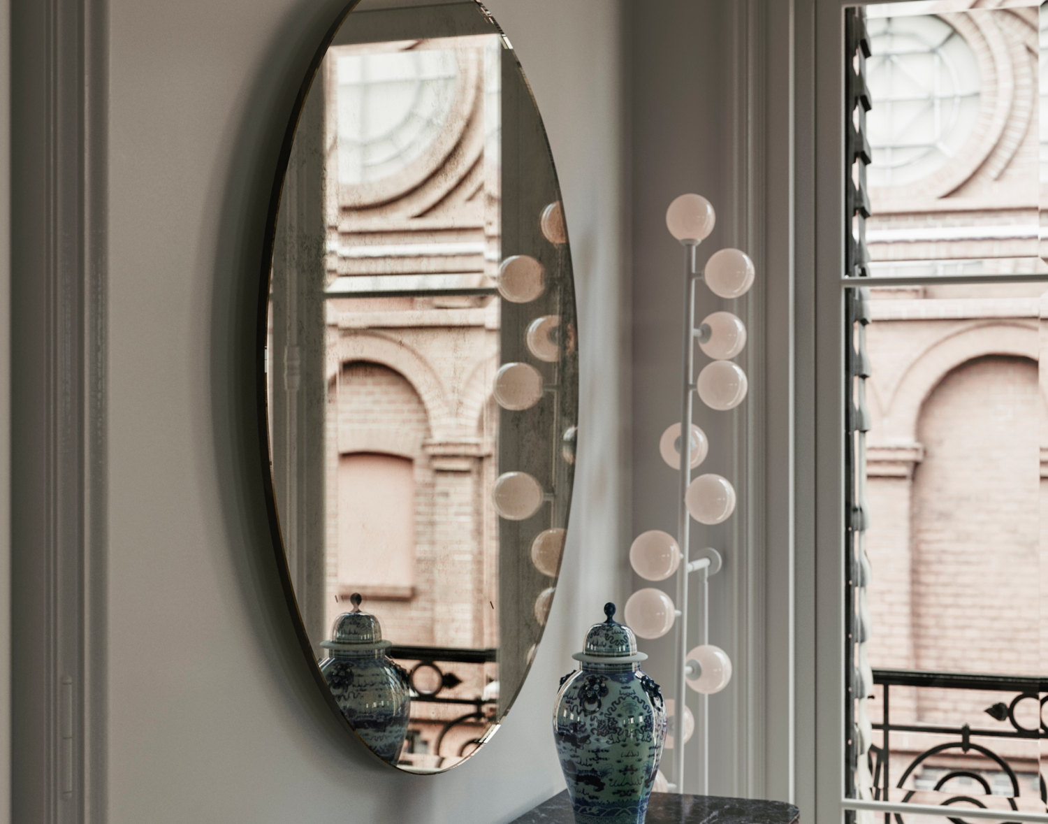  Sideview of Round Mirror hanging in New York residence 
