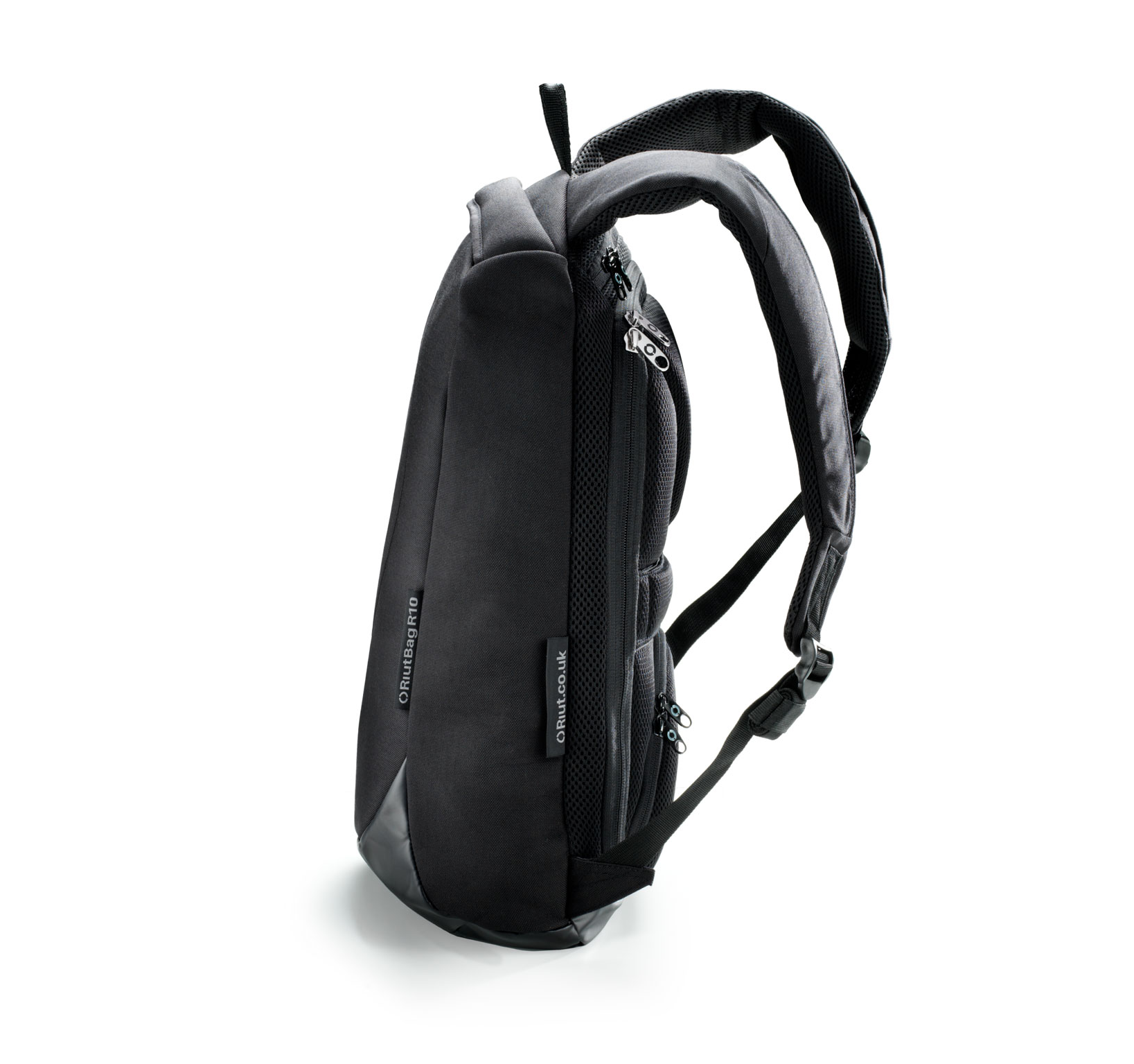 RiutBag R10, 10 litre slim, black laptop backpack with all its zips hidden against your back. Only you can access your belongings. And now you can do it on the go. 