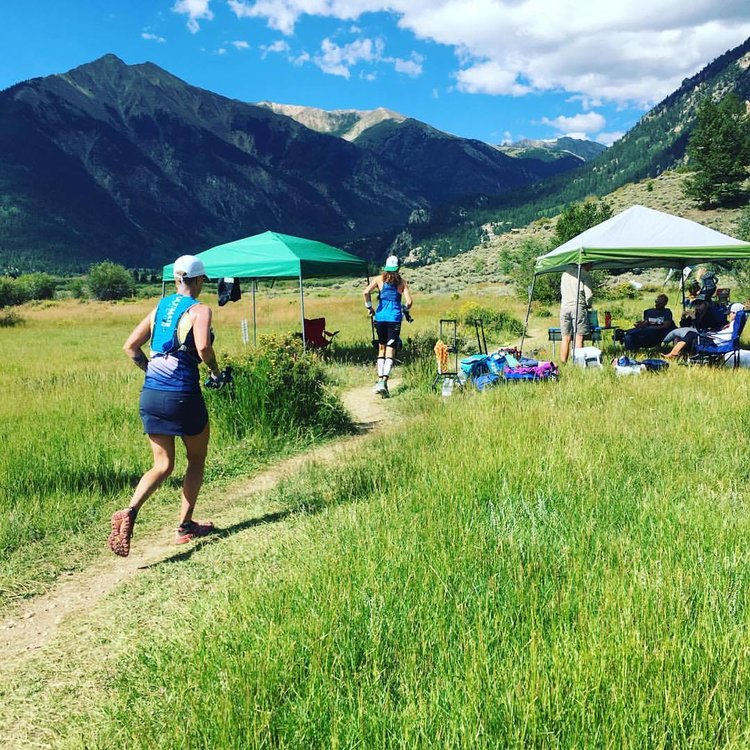 Leaving Twin Lakes out bound at mile 40, with HOKA teammate Mike Wardian. Photo by Amy Leedham.