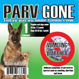  Parv-Gone is a safe Homeopathic supplement to help deliver rapid relief to your puppy or dog from the symptoms of the "Parvo virus" such as vommiting, diarrhea and other common sypmtoms. In most cases "Parv-Gone" is a one-time use with 24 hour results. http://parvgone.com/main.sc 