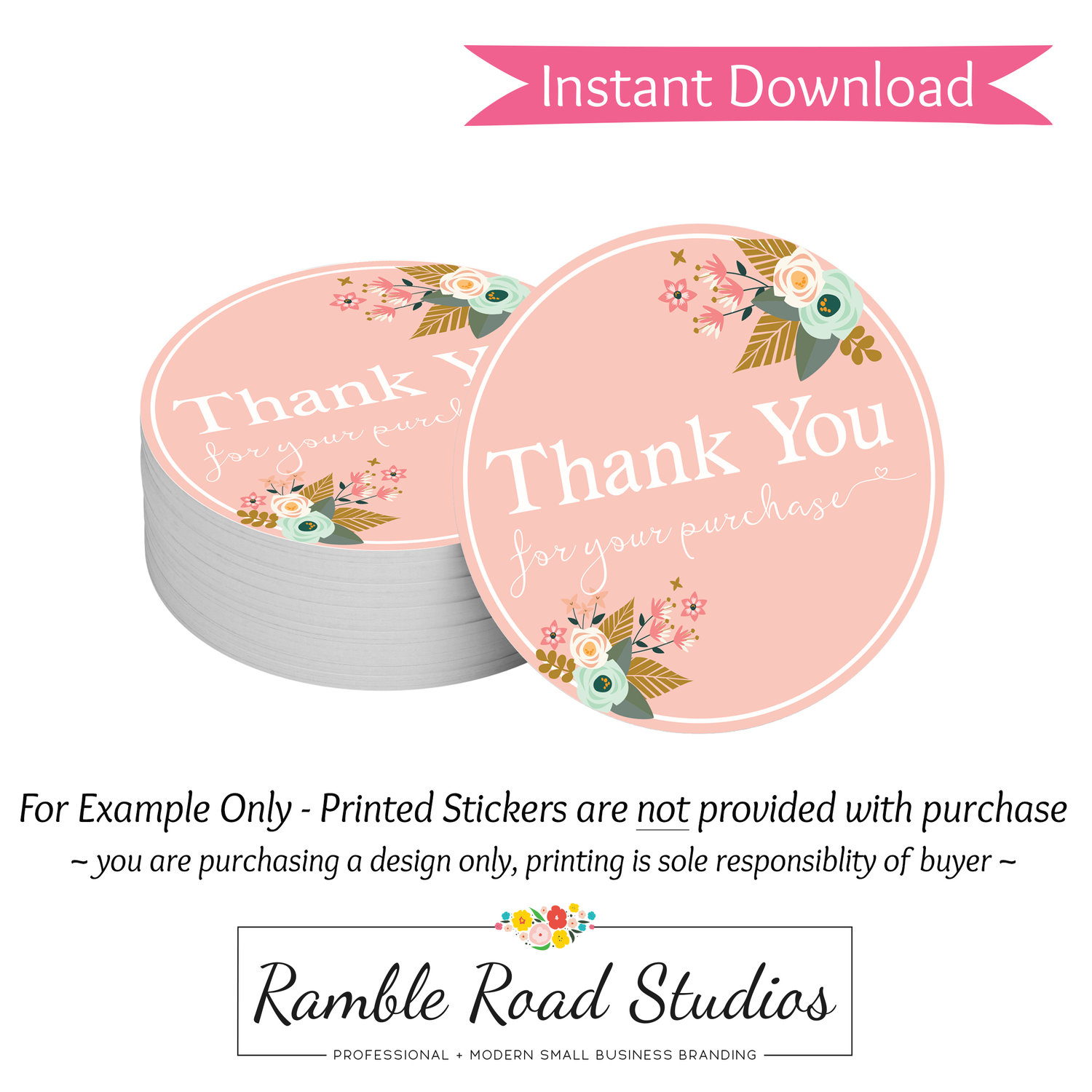 Floral Pink Thank You Round Sticker Design - Ready to Print, Instant For 1.5 Circle Label Template