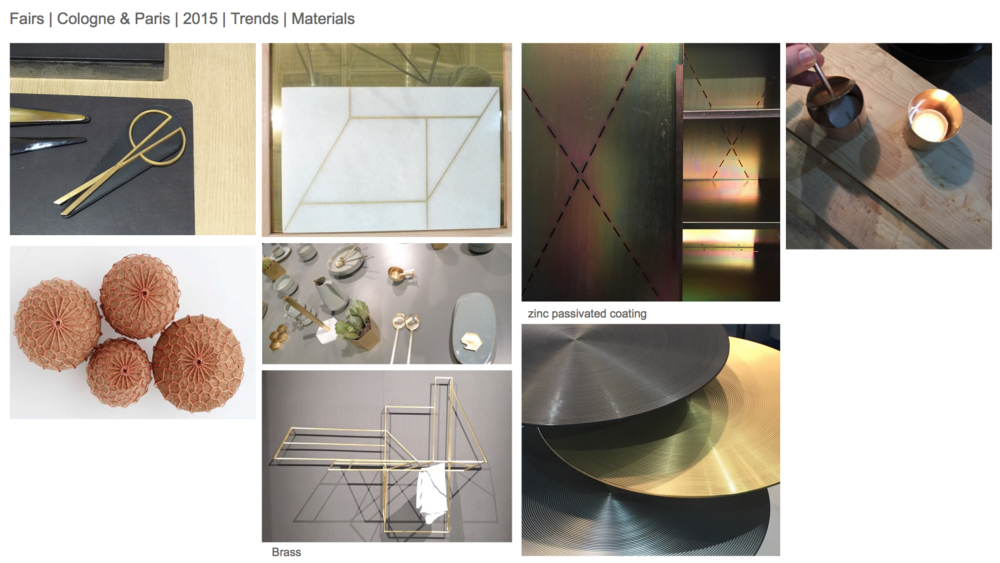  Lots of brass and copper, used in conjunction with ceramics, leather, cork and timber. More zinc passivated sheet and hot dipped galvanised finishes. 