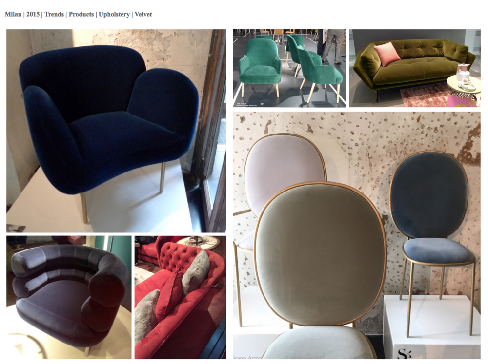  Velvet - used in subtle tones to emphasise the curve and surface of an upholstered piece. I totally love the jewellery-like quality of the "Stay Dinging Chair' by Se.&nbsp; 