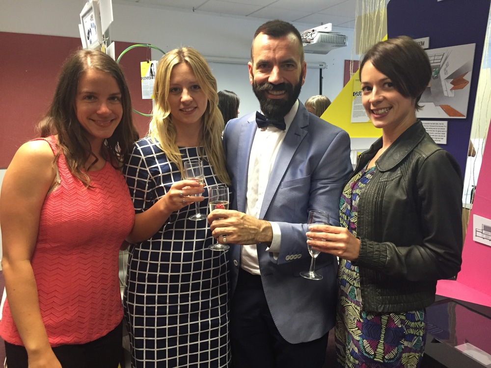  Madeleine Rasmussen,  Laura Hart   &nbsp;Philippe Bougué &nbsp;and Kirsty Whyte enjoying a celebratory glass of bubbles by Philippes work 