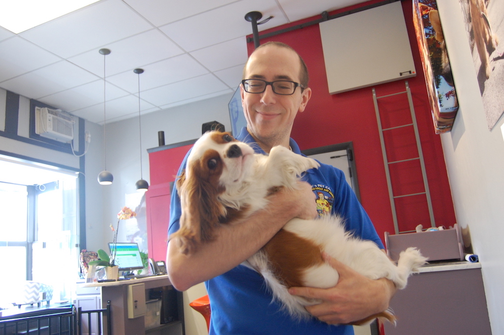 Dom, the day care manager at Patrick's Pet Care, gives Cooper some love.