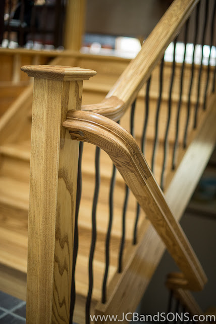 jcb and sons carpentry millwork railing spindles newel posts stairs hardwood ash durham hanover owen sound west grey grey bruce county millwork trim woodworking staining rod iron