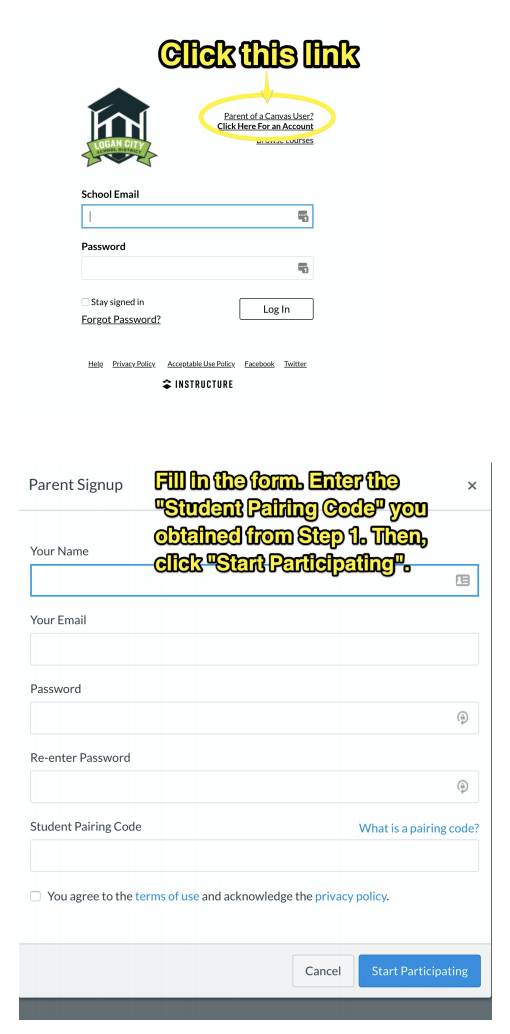 Click Parent of Canvas User, Fill out form using Student Pairing Code