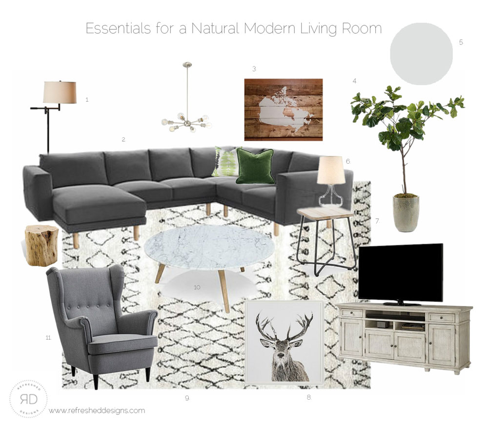 Sources for a natural, modern, comfortable living room on a budget