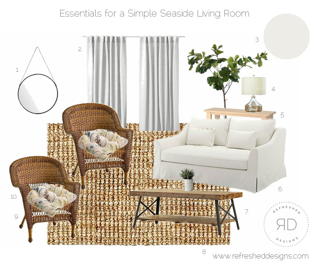 Simple Seaside Cottage Living Room design board and sources