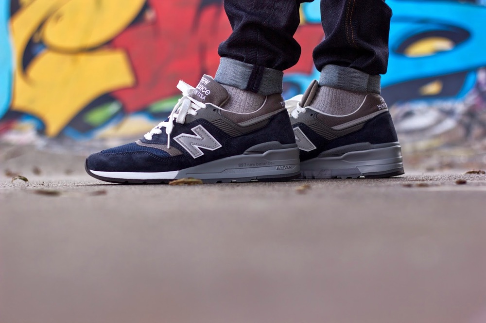 new balance 997 grey on feet