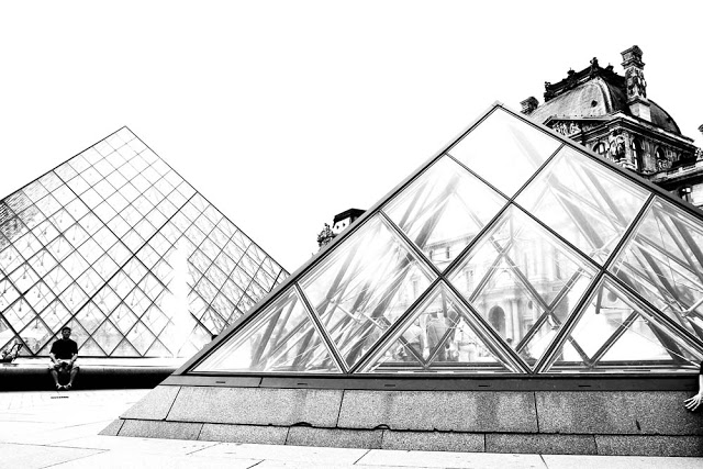 The Louvre Museum in Paris in black an white as seen in 2008