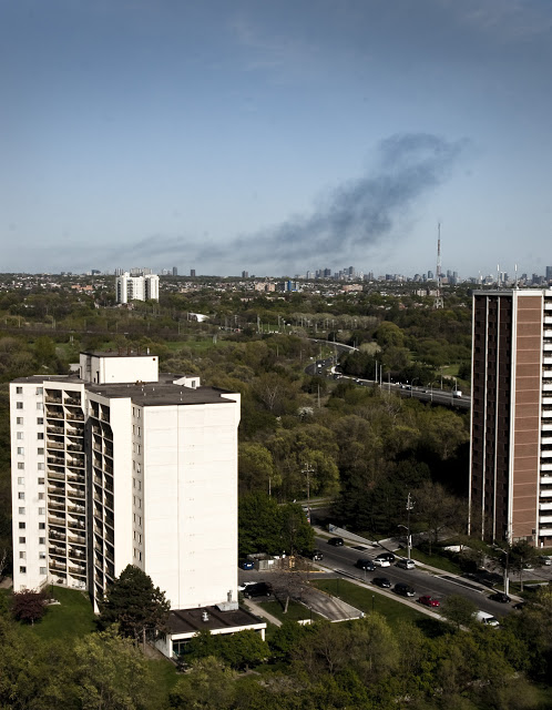 260 Queen's Quay West smoke fire as seen from the west end in Toronto april 29 2010, shot by photographer dennis marciniak