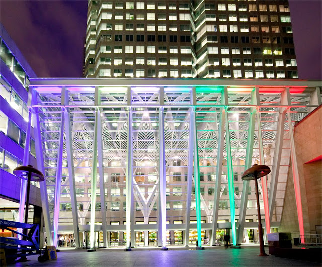Brookfield Place's rainbow arches at night