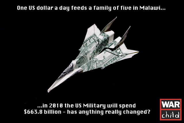 A PSA for War Child, an American dollar bill folded into a F-16