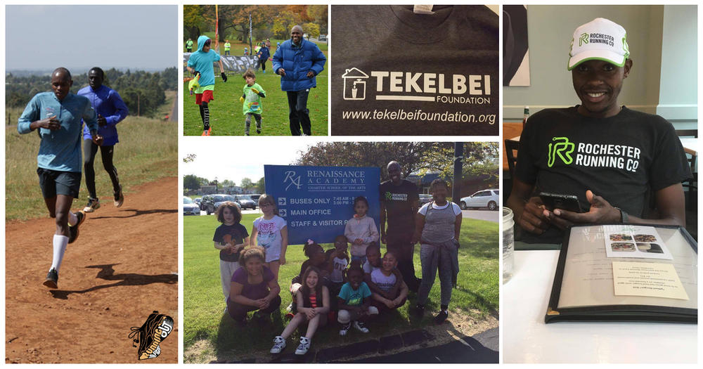 L-R: Training at home in Kenya; Running with the boys in ROC; Tekelbei Foundation; Running with the Girls in ROC; Grabbing a bite to eat