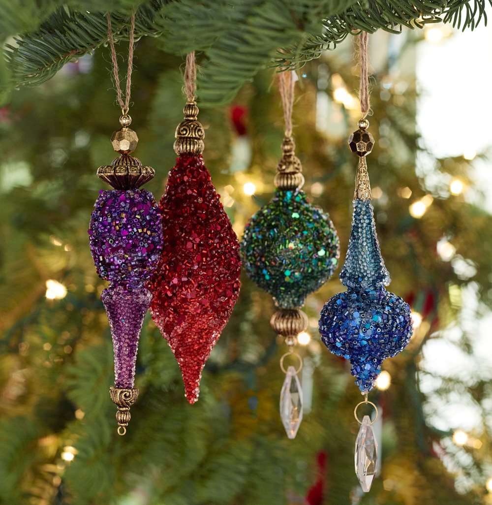 Photo of jewel tone ornaments from Pottery Barn