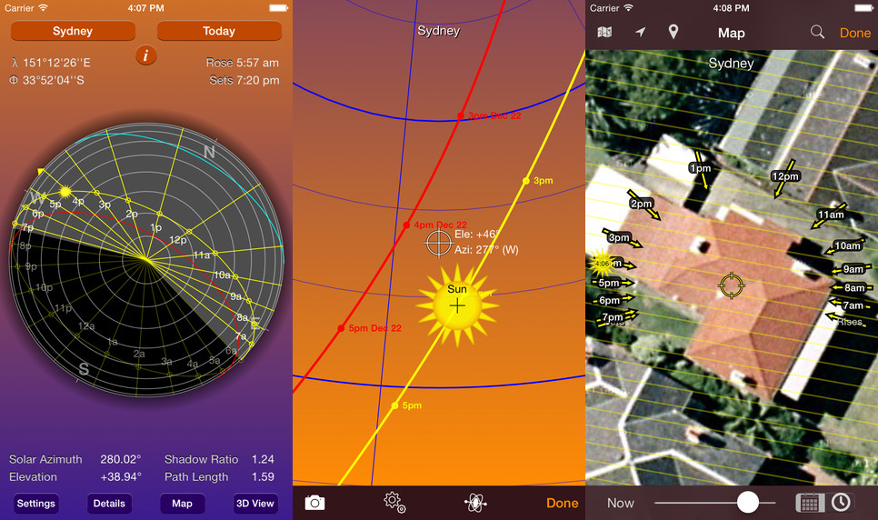 Three screen shots of the Sun Seeker app available for the iPad or iPhone.