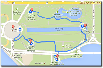 Map shows the route I took to capture memorial photos in Washington, D.C.