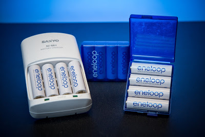 Sanyo eneloop rechargeable batteries, charger and case.