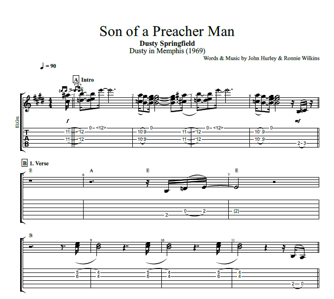 "Son of a Preacher Man" by Dusty Springfield Bass + Guitar + Piano Tabs + Chords + Sheet