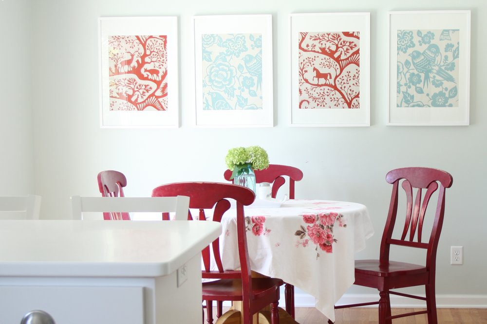 Dining area with red and aqua