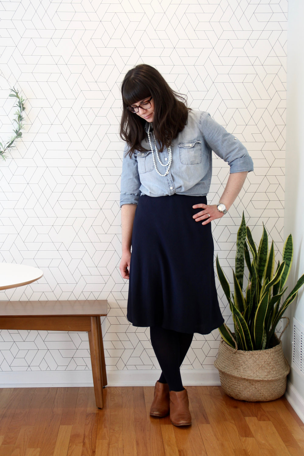 Spring 10 x 10 Navy Crepe Dress with Chambray Shirt