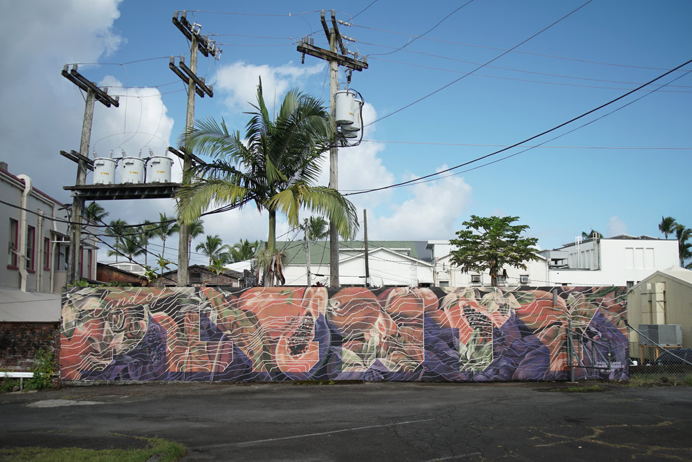 MURAL BY RICK HAYWARD AND EMILY DEVERS (@FRANKANDMIMI) AT HILO BACKPACKER'S HOSTEL PARKING LOT. 