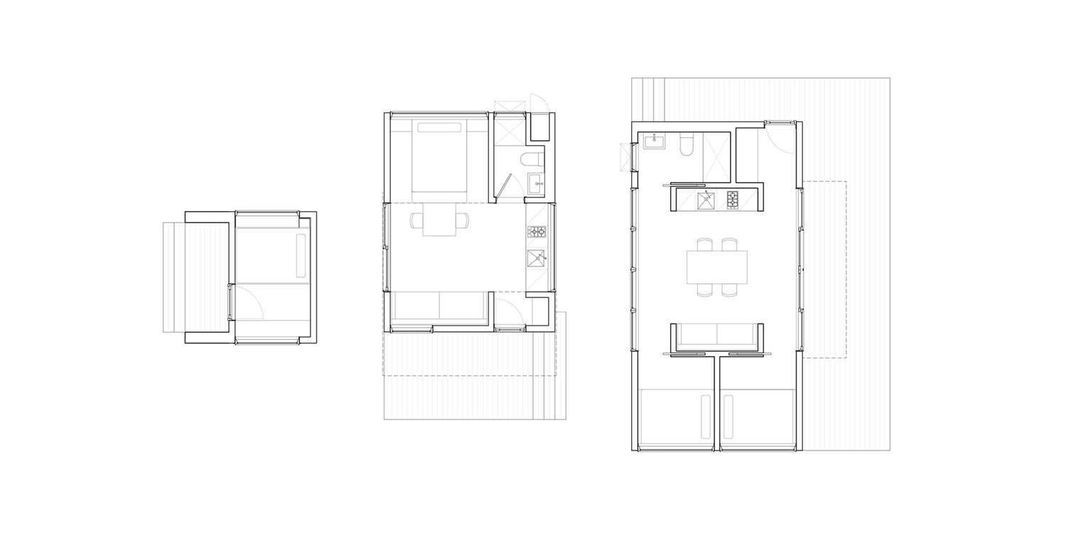 Preliminary Plan Studies - Cabins (Left to Right: Mini, One-Bed, Two-Bed)