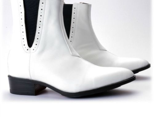 Handmade White Cuban Heel Boots For Men 