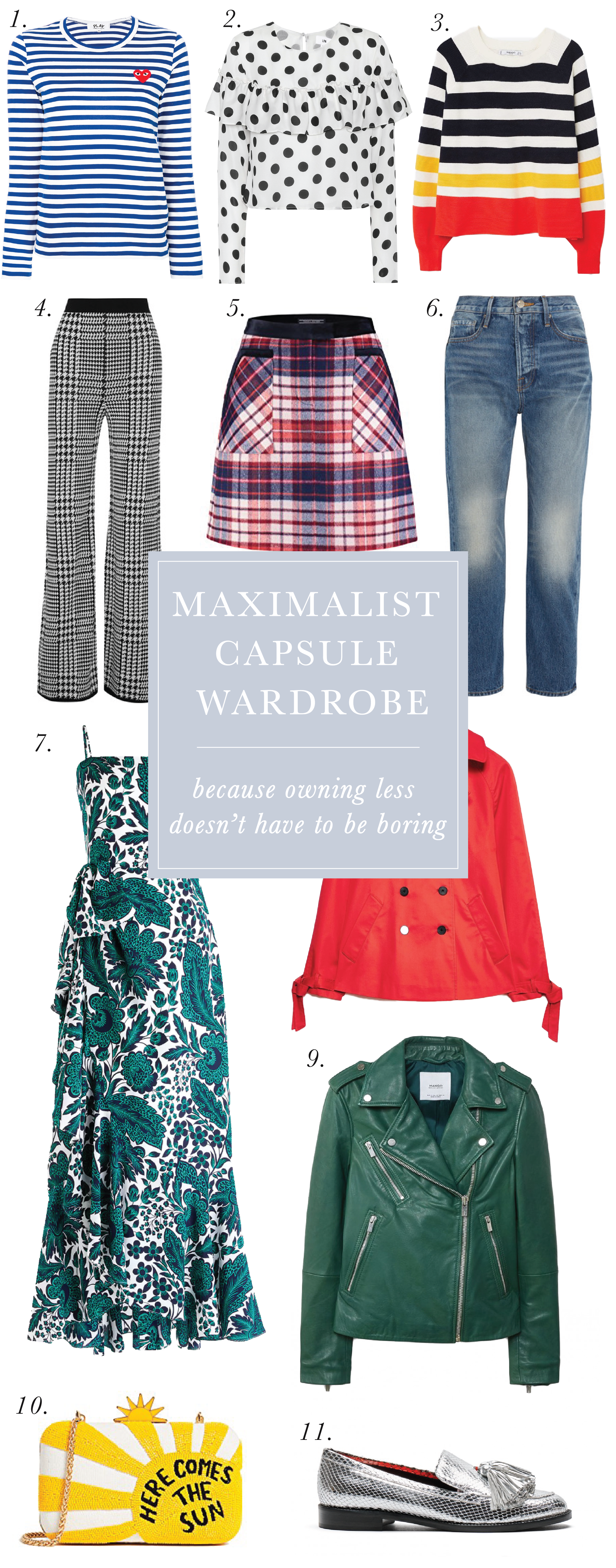 Maximal and Minimal Capsule Wardrobes | From the classic & neutral Parisian to the colorful & quirky Maximal - and anywhere in between - the capsule wardrobe you build should match your own personal style. In this post, I created two basic capsule wardrobes that prove owning less doesn’t have to be boring. | Maximal Style | Have fun getting dressed everyday | Mismatched Capsule Wardrobe | Basic capsule wardrobe for home or travel.