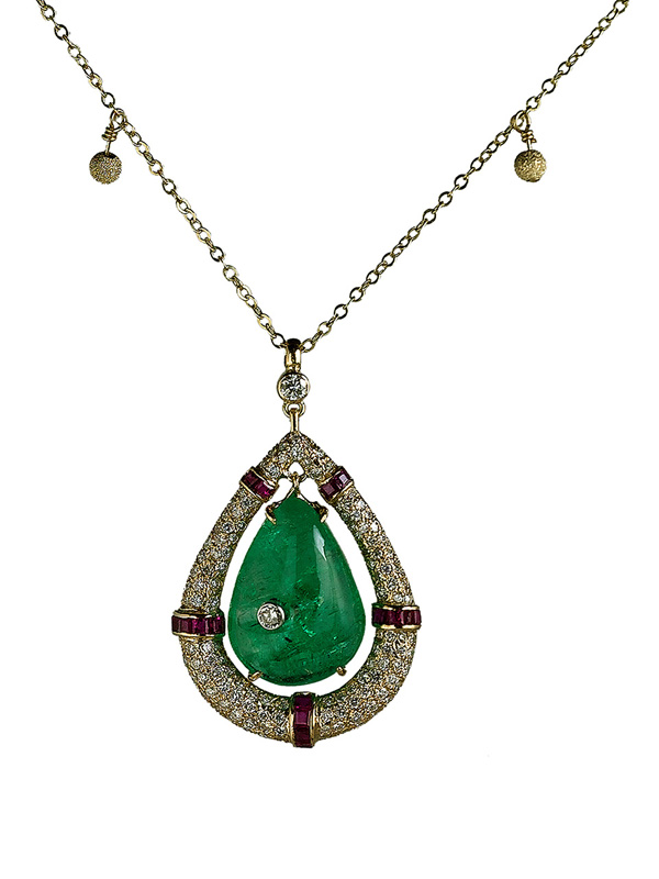  Cabochon Emeralds, Surrounded with Rubies and Diamonds on a Gold Chain with Gold Pom Pom Balls 
