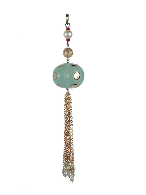  Chalcedony Oversized Roundelle Pendant with South Sea Pearl and Gold Chain Accents 