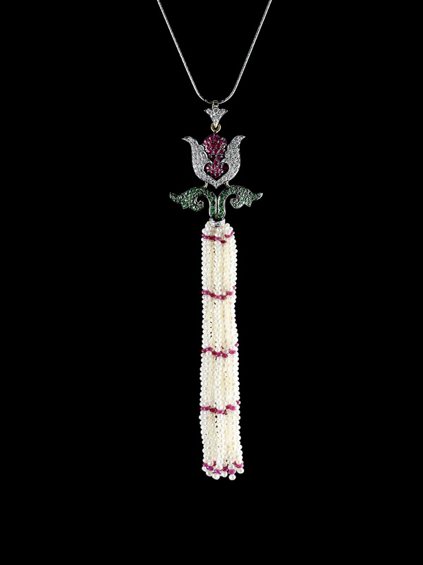  Ruby, Diamond and Emerald Moghul Iris Pendant with Long Pearl and Ruby Tassel 