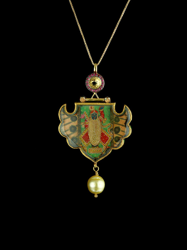  Antique Nathdwara Pendant with Crystal and Ruby Bullet Detailing 