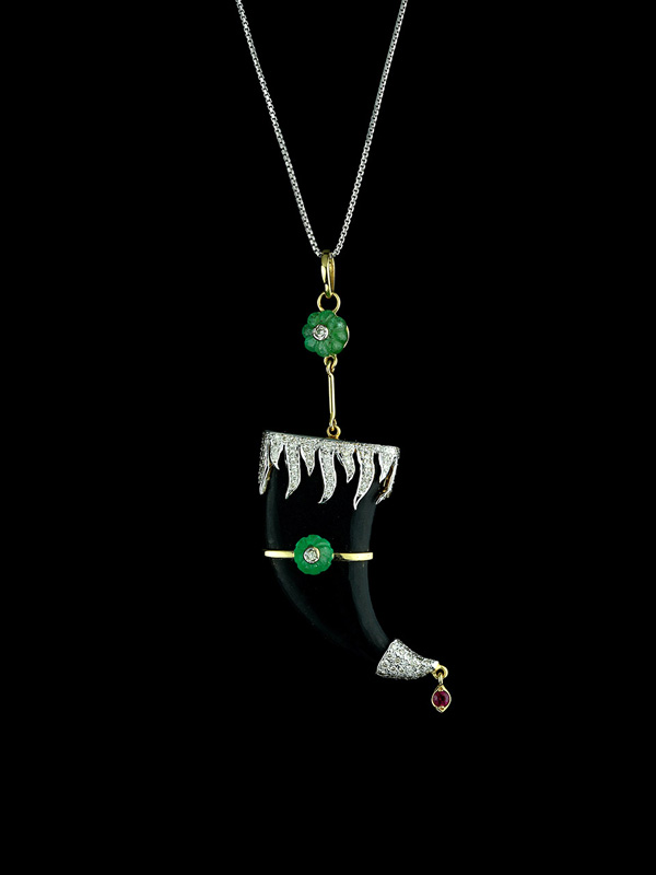  Black Onyx, with Columbian Emerald, and Diamond Flame Motif Claw Pendant 