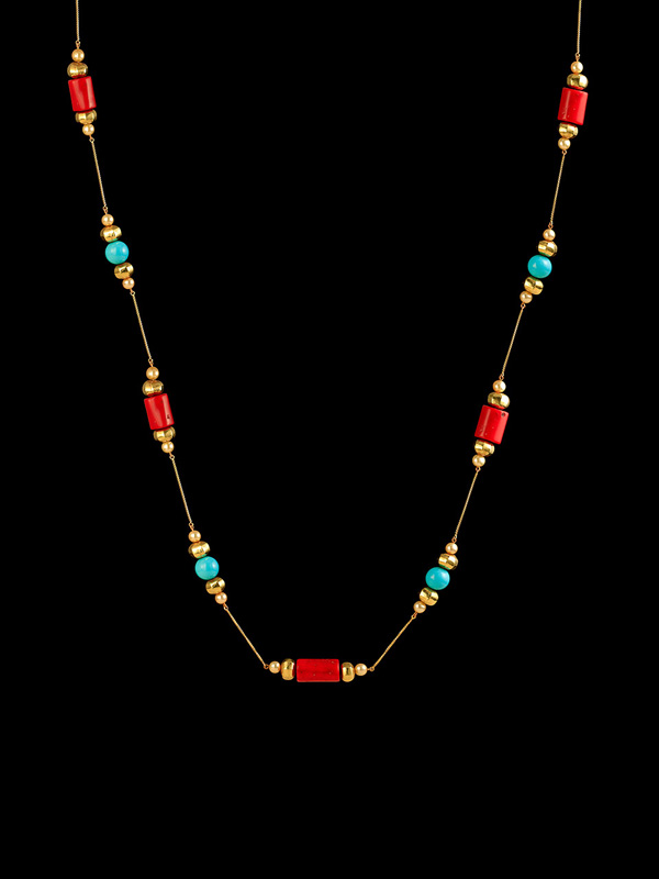  Coral, Turquoise and Gold Bead Santa Fe Sautoir 