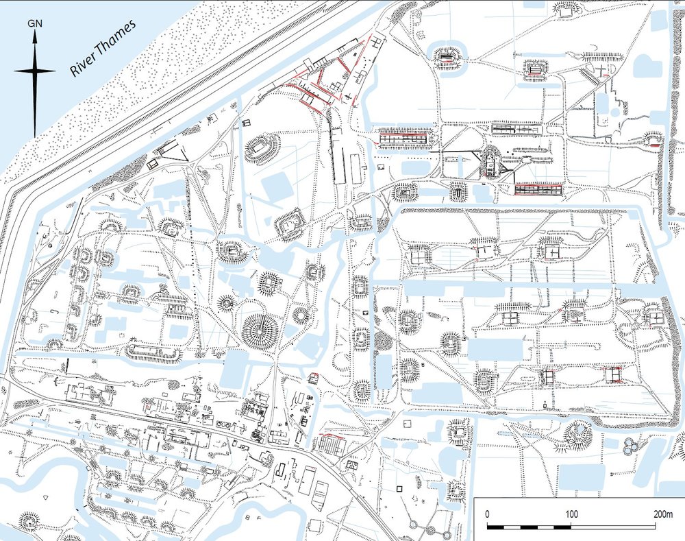 The north-western part of Curtis and Harvey Ltd’s explosives factory on Cliffe Marshes taken from the detailed analytical field survey, reduced from the original at 1:10,000. It shows a variety of different features once connected by narrow gauge tramway (surviving rails shown in red). These include the nitroglycerin hill, gun cotton stoves, cordite drying stoves and the acid factory. Historic England.
