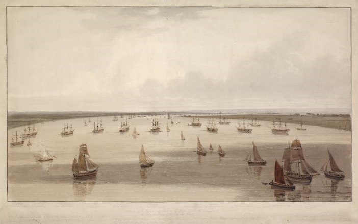 A view of the frigates stationed in the Hope under the command of the Elder Brethren of the Trinity house; view down the Thames near Gravesend with a line of frigates flying the British ensign anchored across the river, a Trinity yacht and Royal yacht nearer, and other ships beyond Watercolour. © The Trustees of the British Museum