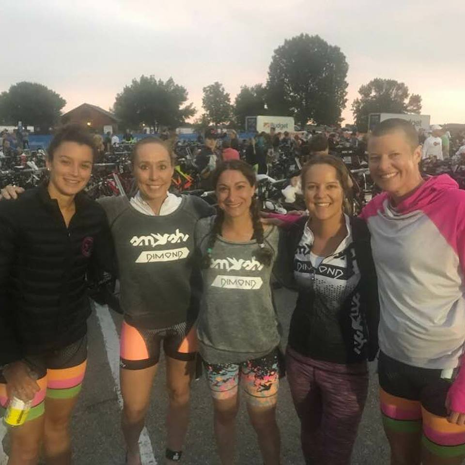  Early race morning in transition. From screen left, my Smash-Dimond teammates Lauren Palmer, Amy Hite, Josie Vitale, Jan Lohman, and Mary Knott. Photo credit goes to Amy Hite. 