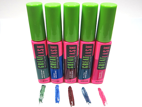 Maybelline Great Lash Mascara Limited Edition Collection : left to right Green with Envy, I See Blue, So Very Berry, Teal Appeal, Wink of Pink