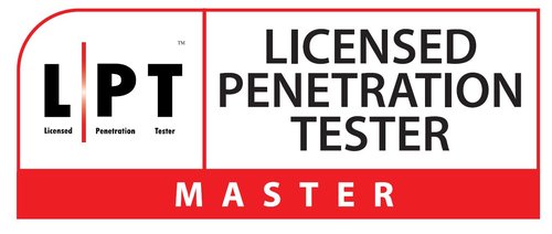 Logo with a vertical red line separating large font L and PT with License Penetration Tester written under each corresponding letter in black text on the left side of a outlined red rectangle, a vetical red line in the center and the words Licensed Penetration Tester on the right with a red section at the base with Master written in white