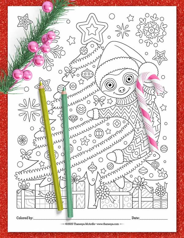 Christmas Sloth Coloring Page by Thaneeya McArdle
